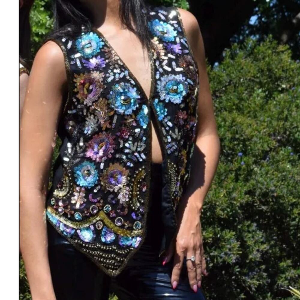 vtg Laurence Kazar Sequin Sexy Vest Beaded And Sequin Art Black & multi Color M